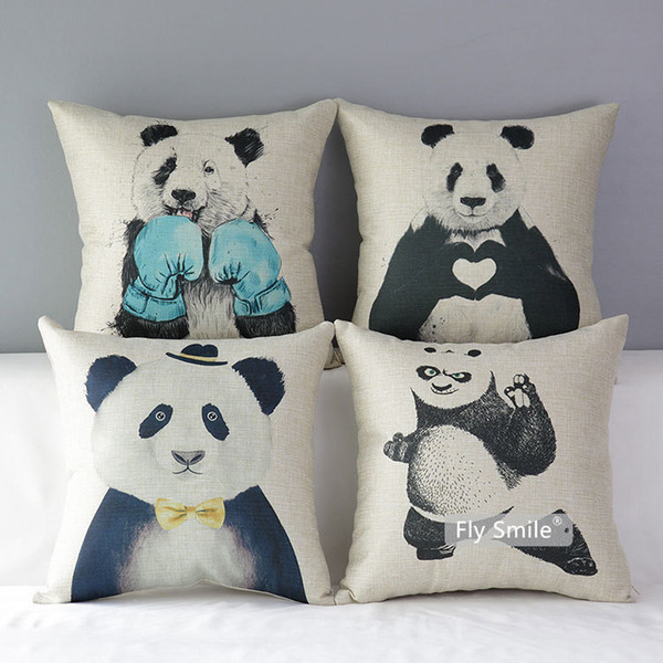 Chinese Hand Painting Animals Cushion Covers Retro Vintage Cute Lovely Panda Cushion Cover Decorative Linen Cotton Pillow Case