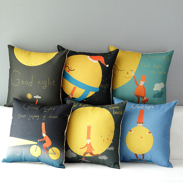 Moon Night Dream Journey Art Cushion Covers Cartoon Moon Good Night Sky Cushion Cover Decorative Linen Cotton Pillow Case For Bedroom Sofa