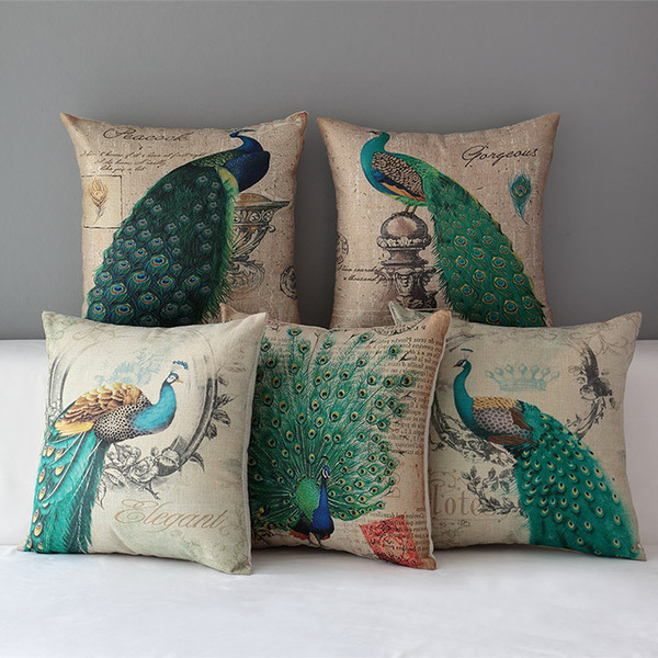 Beautiful Elegant Bird Peacock Cushion Covers European Retro Vintage Peacock Feather Art Cushion Cover Decorative Linen Cotton Pillow Case