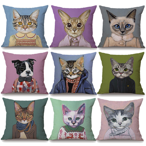 9 Styles Hipster Chic Dogs Cats Portrait Cushion Covers Cute Lovely Dog Cat Cushion Cover Bedroom Decorative Sofa Linen Pillow Case