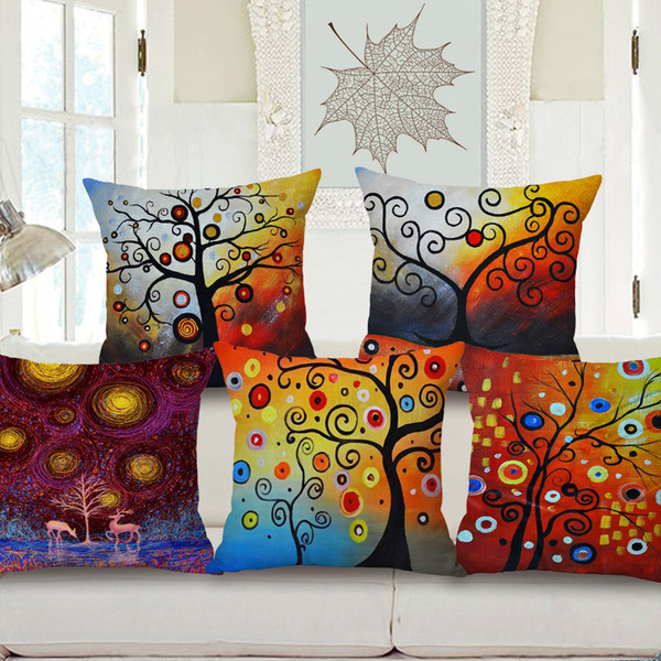 5 Styles Retro Vintage Oil Painting Trees Cushion Covers Colorful Tree Art Cushion Cover Bedroom Decorative Linen Cotton Pillow Case