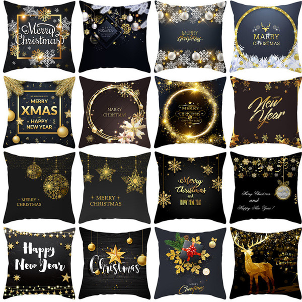 45*45cm Christmas Printed Black And Gold Pillow Case Throw Pillow Cover For Sofa Car Home Living Room Decorative Cushion Cover