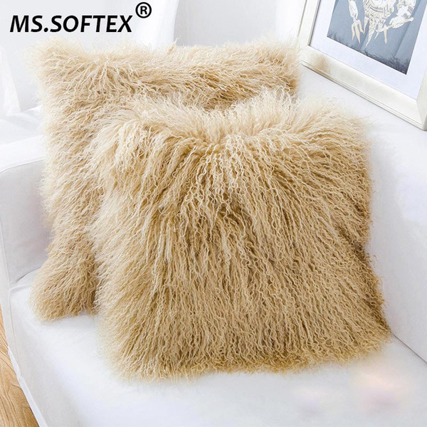 MS.Softex Mongolian lamb Pillow Case Real Fur Cushion Cover High Quality Natural Lamb Fur Pillow Cover Fluffy Fur