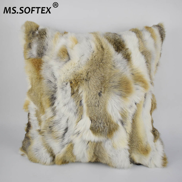 MS.Softex Natural Fur Pillow Case Patchwork Genuine Rabbit Fur Pillow Fur Cushion Home Pillow Cover Factory OEM DROP SHIPPING