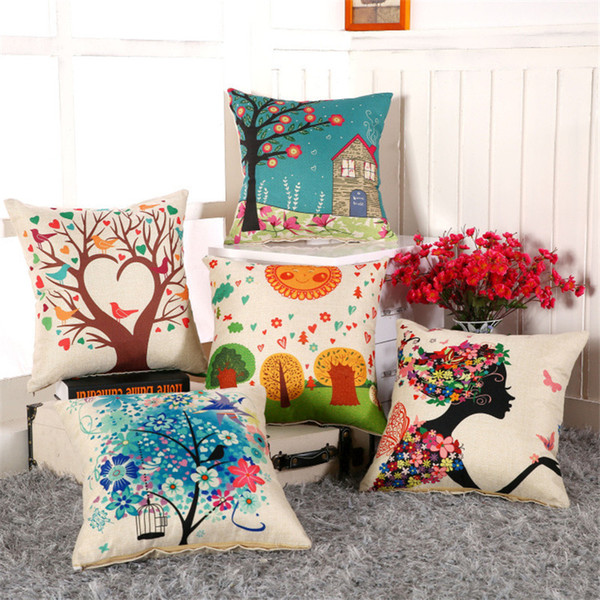 45*45cm Hand-painted Flower BirdTree Pillow Cushion Sofa-Linen Pillow Cover Decorative throw pillows cushion covers pillow cover HOME decor