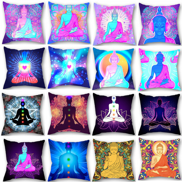 Yoga Chakra Zen Meditation Personalized Hinduism Buddhist Culture Buddha Statue Pattern Single Side Print Polyester Throw Pillow Case