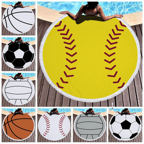 Sports Basketball round beach towel Softball Design Polyster Beach Towel Round Blanket with Tassel Swimming Bath Yoga Mats Towels Free Shipp