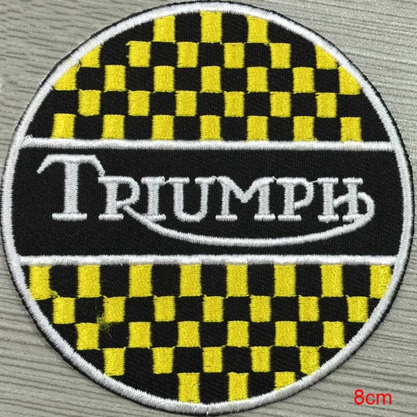 Triumph silver metallic custom logo patch iron on cloth hat or bag free shipping can be custom embroidery factory in china