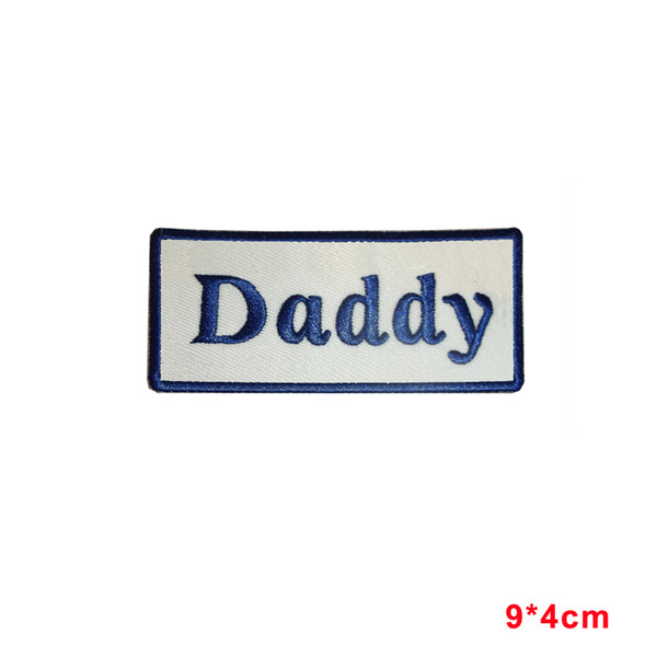 DADDY NEW SEW ON / IRON ON NAME PATCH TAGS BLUE ON WHITE Stickers Appliques Fabric Sewing Badge Patches