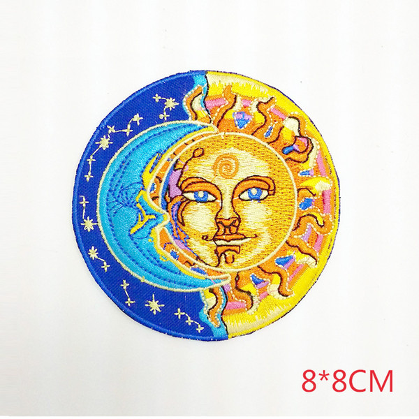 Embroidered iron on patch moon half blue and sun half yellow round patch Stickers Apparel Accessories