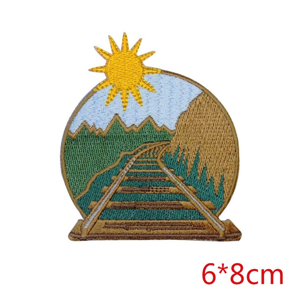 Train railroad tracks moutain sunlight scene theme embroidered iron-on patch applique decor Fabric Sewing for clothing