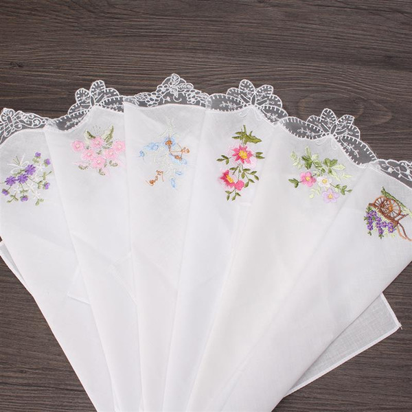 JI-001Vintage Cotton Women Hankies Embroidered Butterfly Lace Flower Hanky Floral Assorted Cloth Ladies Handkerchief Fabrics 6PCS