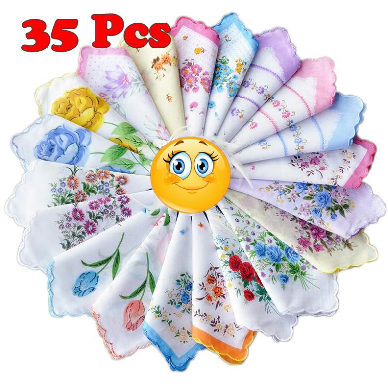 Wholesale-New 35PCS 100% Cotton Handkerchiefs Hankies Quadrate Flower Christmas Valentine Gifts