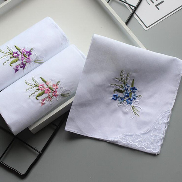 Wholesale Women's White Embroidery Handkerchiefs 29cm Cotton Handkerchiefs Vintage Hankies ladies handkerchiefs 10pcs/lot free shipping