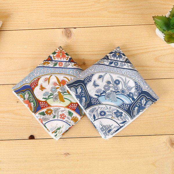 Cotton Blue White Porcelain Lovers Handkerchief Printing Creative Handkerchief Thin Sweating Handkerchief High Grade Gift