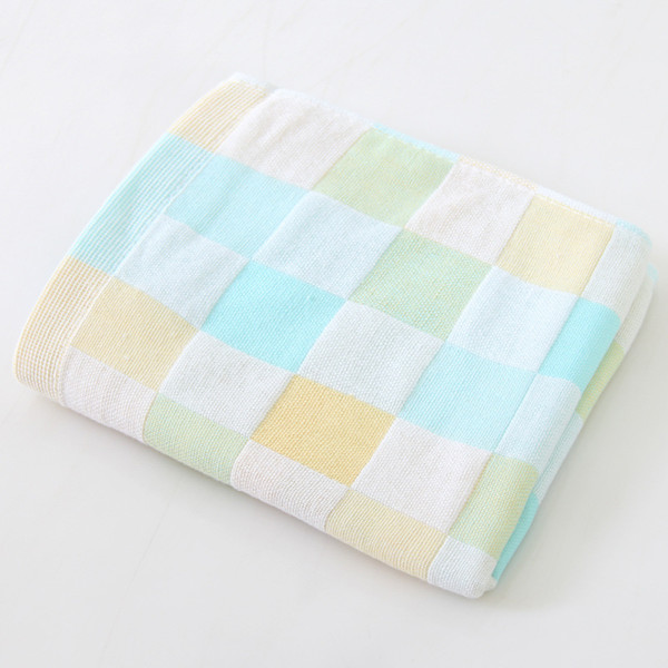 Pure cotton checked light green and light powder yarn jacquard thin double layer adult gauze absorbent quick dry face towel