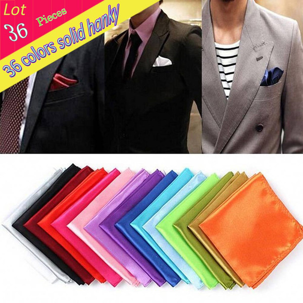 (36 Pcs /Lot )Wholesale Men 'S Polyester Silk Hanky Solid Plain Pocket Square Handkerchief Wedding Banquet Christmas Chest Towel