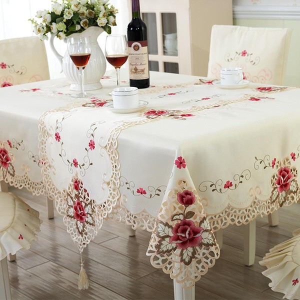 BZ307 Europe Polyester Tablecloth Embroidered Floral Hollow Table Cover Rectangular Elegant Home Party Wedding Decoration