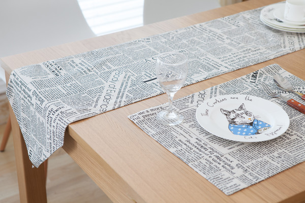 Handmade Black Newspaper Cotton Linen Table Runner New Home Kitchen Decor Dinner Table Top Cover Wedding Evening Party Tablecloth