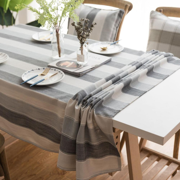 Handmade Gray Stripe Cotton Linen Tablecloth New Home Kitchen Decor Dinner Polyester Fiibers Table Top Cover Wedding Party Table Runner
