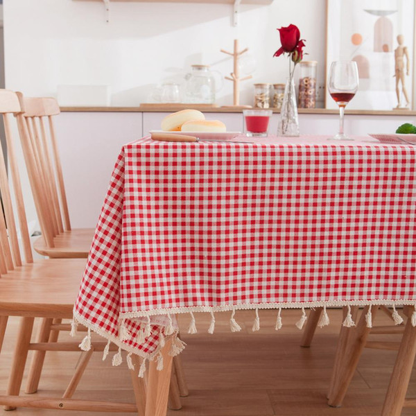 Upscale Red Grid Tassels Cotton Linen Tablecloth New Home Kitchen Decor Dinner Table Top Cover Wedding Party Table Runner