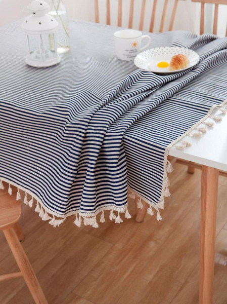 Upscale Blue Stripe Tassels Cotton Linen Tablecloth New Home Kitchen Decor Dinner Table Top Cover Wedding Party Table Runner