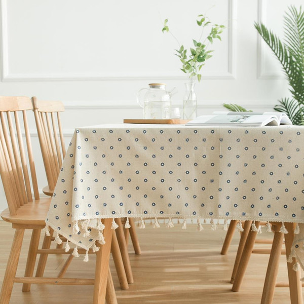 Upscale Blue daisy Tassels Cotton Linen Tablecloth New Home Kitchen Decor Dinner Table Top Cover Wedding Party Table Runner