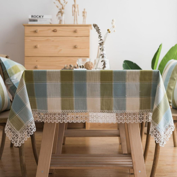 Upscale Lace Tassels Green Grid Cotton Linen Tablecloth New Home Kitchen Decor Dinner Table Top Cover Wedding Party Table Runner