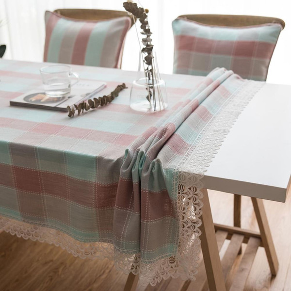 Upscale Lace Tassels Pink Grid Cotton Linen Tablecloth New Home Kitchen Decor Dinner Table Top Cover Wedding Party Table Runner