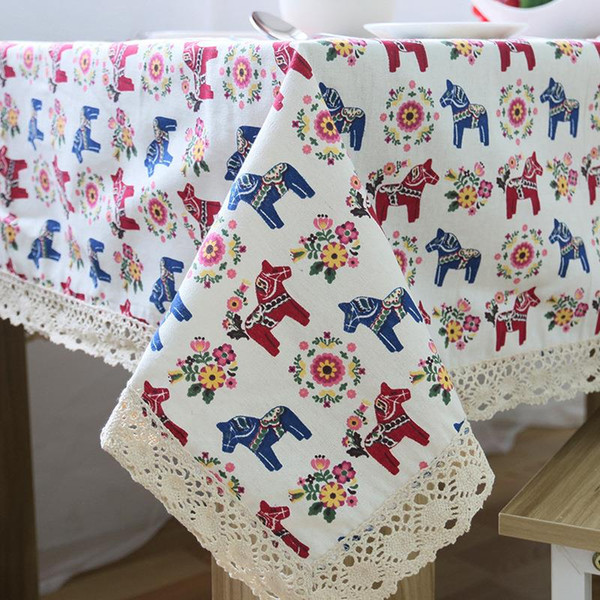 Handmade Cartoon Horse Cotton Linen Tablecloth New Home Kitchen Decor Dinner Table Top Cover Wedding Party Table Runner