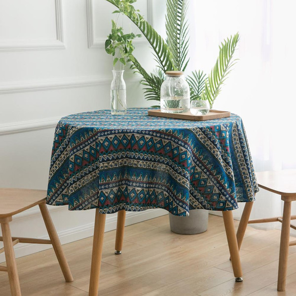 Upscale Blue Boho Round Cotton Linen Tablecloth 150cm 59inch New Home Kitchen Decor Dinner Table Top Cover Wedding Party Table Runner