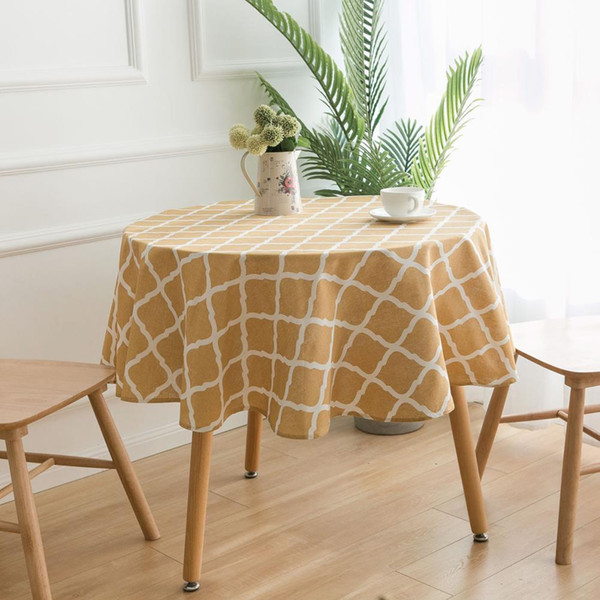 Upscale Yellow Grid Round Cotton Linen Tablecloth 150cm 59inch New Home Kitchen Decor Dinner Table Top Cover Wedding Party Table Runner