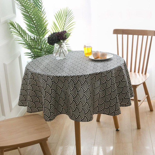 Upscale Blue Waves Round Cotton Linen Tablecloth 150cm 59inch New Home Kitchen Decor Dinner Table Top Cover Wedding Party Table Runner