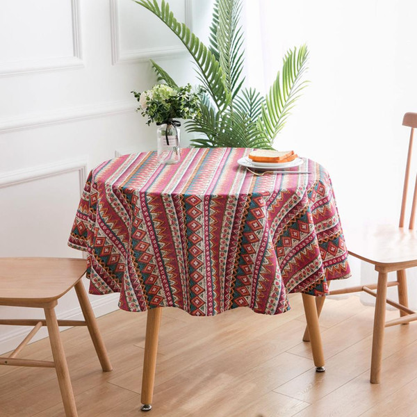 Upscale Red Boho Round Cotton Linen Tablecloth 150cm 59inch New Home Kitchen Decor Dinner Table Top Cover Wedding Party Table Runner