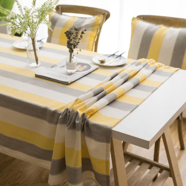 Handmade Yellow Stripe Cotton Linen Tablecloth New Home Kitchen Decor Dinner Polyester Fiibers Table Top Cover Wedding Party Table Runner