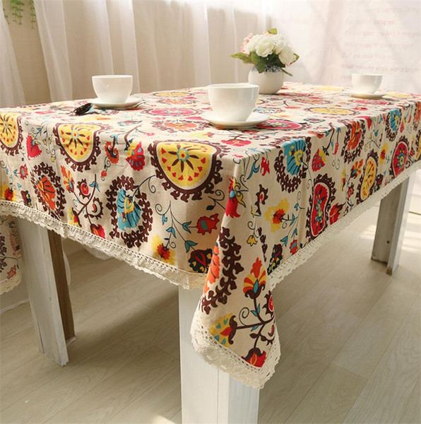 Handmade Boho Red Sunflower Cotton Linen Tablecloth New Home Kitchen Decor Dinner Table Top Cover Wedding Party Table Runner