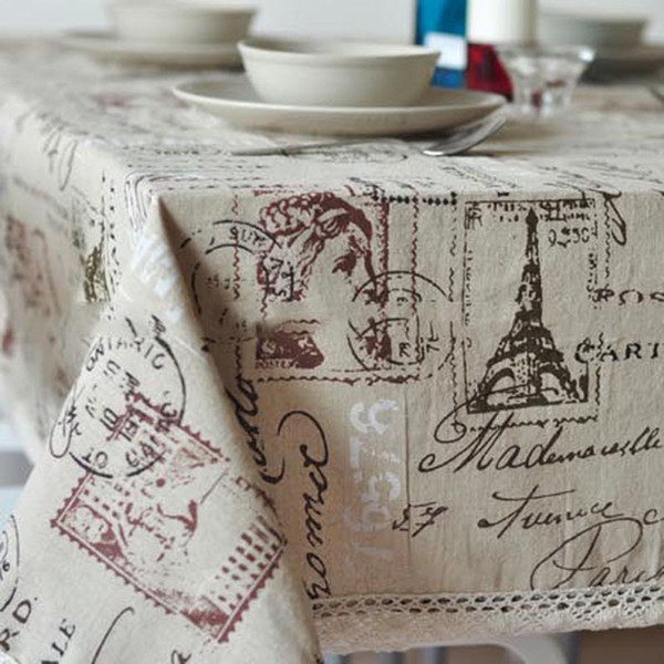 Handmade Vintage Eiffel Tower Cotton Linen Tablecloth New Home Kitchen Decor Dinner Table Top Cover Wedding Party Table Runner