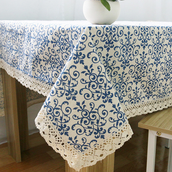 Handmade blue and white porcelain Cotton Linen Tablecloth New Home Kitchen Decor Dinner Table Top Cover Wedding Party Table Runner