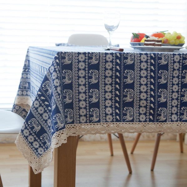 Handmade Blue Boho Elephant Cotton Linen Tablecloth New Home Kitchen Decor Dinner Table Top Cover Wedding Party Table Runner