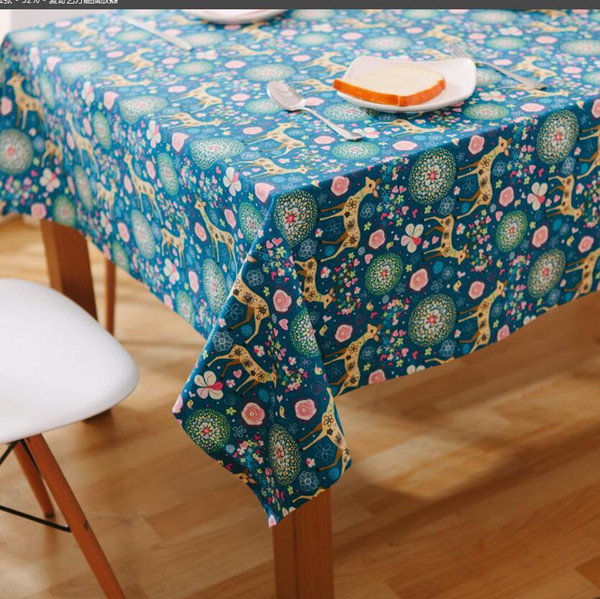 Handmade Blue Christmas Deer Cotton Linen Tablecloth New Home Gift Kitchen Decor Dinner Table Top Cover Wedding Party Table Runner