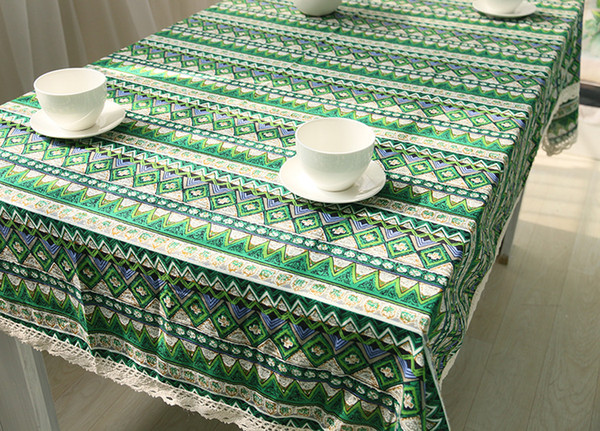 Handmade Green Boho rhombus Cotton Linen Tablecloth Houseware Kitchen Decor Dinner Table Top Cover Wedding Party Table Runner