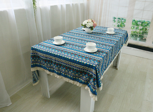 Handmade Blue Bohemia rhombus Cotton Linen Tablecloth New Home Kitchen Decor Dinner Table Top Cover Party Gift Table Runner
