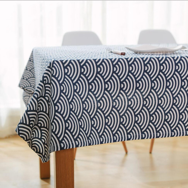 Handmade Blue Waves Cotton Linen Tablecloth New Home Kitchen Decor Dinner Table Top Cover Wedding Party Table Runner