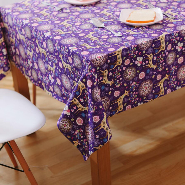 Handmade Purple Christmas Deer Cotton Linen Tablecloth New Home Kitchen Decor Dinner Table Top Cover Party Gift Table Runner