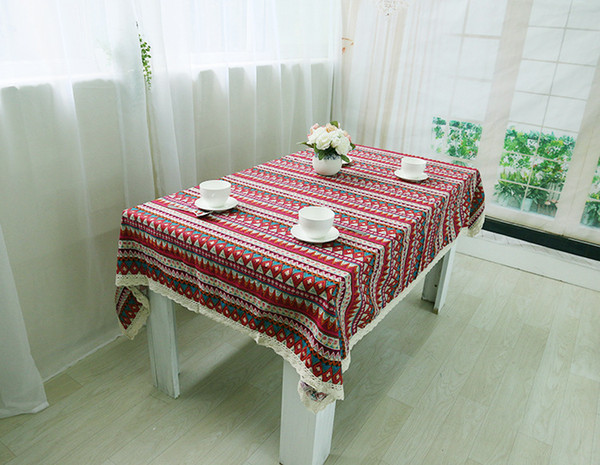 Handmade Red rhombus Cotton Linen Tablecloth New Home Kitchen Decor Dinner Table Top Cover Wedding Party Table Runner