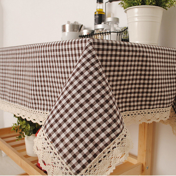 Handmade Coffee Grid Cotton Linen Tablecloth New Home Kitchen Decor Dinner Table Top Cover Wedding Party Table Runner