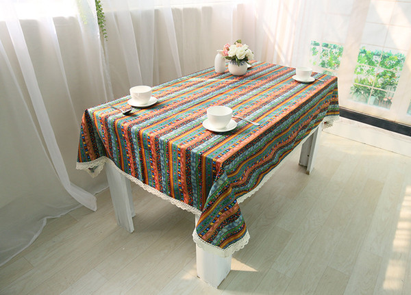 Handmade Blue Bohemia Stripe Cotton Linen Tablecloth New Home Kitchen Decor Dinner Table Top Cover Houseware Party Table Runner