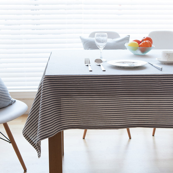Handmade Gray Stripe Cotton Linen Tablecloth New Home Kitchen Decor Dinner Table Top Cover Wedding Party Table Runner