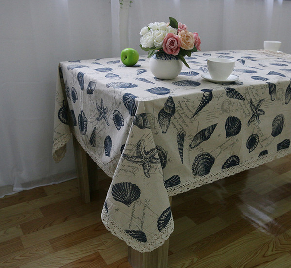 Handmade Blue Mediterranean Sea Cotton Linen Tablecloth New Home Kitchen Decor Dinner Table Top Cover Wedding Party Table Runner