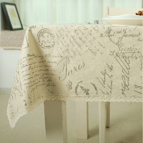 Handmade Beige Words Cotton Linen Tablecloth New Home Kitchen Decor Dinner Table Top Cover Wedding Party Table Runner